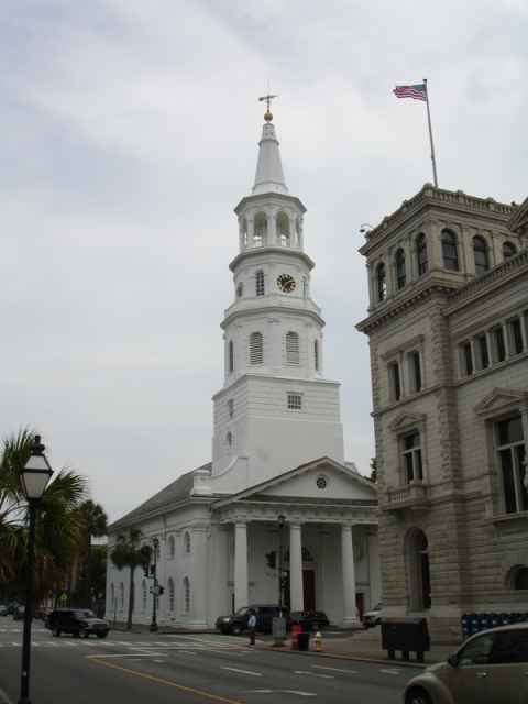 The "four corners of law" intersection. On the corners are the courthouse (state law), City Hall (munipical law), the Federal Building and U.S. Post Office (federal law), and Saint Michael's Episcopal Church (canon law). The "four corners of law" intersection. On the corners are the courthouse (state law), City Hall (munipical law), the Federal Building and U.S. Post Office (federal law), and Saint Michael's Episcopal Church (canon law).