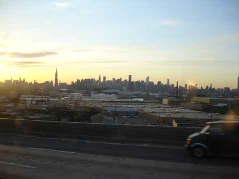 A picture of the Manhattan skyline as the bus leaves for Boston.