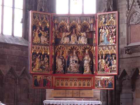 The "Wiener Neustädter" altar. The base of the altar has Emperor Frederick III's A.E.I.O.U. inscription on it. Too bad he forgot to tell anyone just what the inscription meant - maybe it's one of those "you just had to be there to get it" things. The "Wiener Neustädter" altar. The base of the altar has Emperor Frederick III's A.E.I.O.U. inscription on it. Too bad he forgot to tell anyone just what the inscription meant - maybe it's one of those "you just had to be there to get it" things.