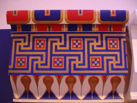 A reproduction of the multicolored decorations that greek columns originally had. This, called polychrome, had completely worn off by the time the ancient Greek temples were inspected by the Victorian English, and so they were left with the impression that classical architecture completely lacked color. Later analysis of the stone revealed the colorful patterns that had once been painted on it, and the replica of the Parthenon in Nashville reproduces what is thought to be the original colors. A reproduction of the multicolored decorations that greek columns originally had. This, called polychrome, had completely worn off by the time the ancient Greek temples were inspected by the Victorian English, and so they were left with the impression that classical architecture completely lacked color. Later analysis of the stone revealed the colorful patterns that had once been painted on it, and the replica of the Parthenon in Nashville reproduces what is thought to be the original colors.
