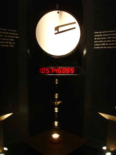 Thw "War Clock" counts the dead in armed conflicts around the globe. Armed warfare managed to rack up 100 million dead during the 20th century, which translates to about two dead every minute. The clock was reset to 100 million on the eve of the new millennium and has been counting deaths at that rate ever since. Thw "War Clock" counts the dead in armed conflicts around the globe. Armed warfare managed to rack up 100 million dead during the 20th century, which translates to about two dead every minute. The clock was reset to 100 million on the eve of the new millennium and has been counting deaths at that rate ever since.