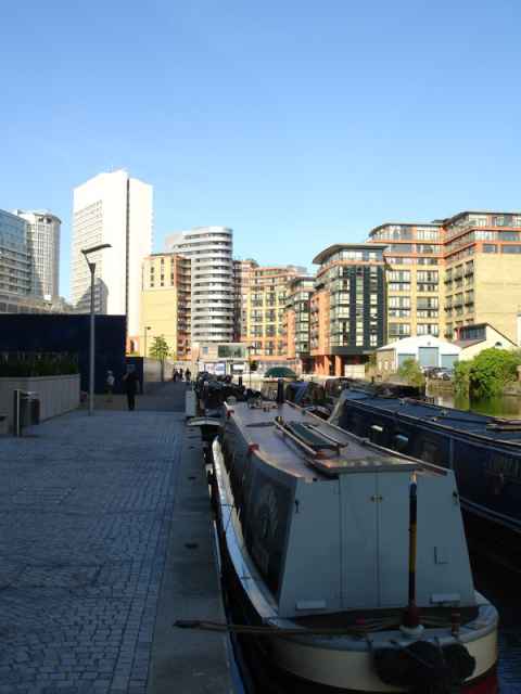 Canal boats moored at the end of the Grand Union Canal. The little stump of a canal can be seen here. The picture was taken approximately where the rectangular blue building is. Canal boats moored at the end of the Grand Union Canal. The little stump of a canal can be seen here. The picture was taken approximately where the rectangular blue building is.