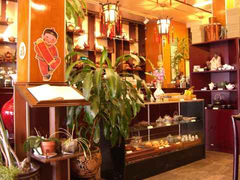 This is the interior. A plethora of tea cups, tea tasting sets and bags of tea fill the shelves. This is the interior. A plethora of tea cups, tea tasting sets and bags of tea fill the shelves.