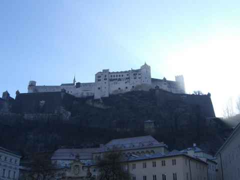 This is the Salzburg Fort. You can walk up to it. You can even follow the signs to the funicular, end up on the now-abandoned midway platform where the funicular doesn't stop, walk up the last bit, realize that you're one euro short of the admission fee and that they don't take any cards and walk down promising yourself that the fortress will be among the first buildings to go once nuclear weapons become ubiquitous, but once you hit ground level again you'll probably just gorge youself silly on pastries. Then you take the funicular up. This is the Salzburg Fort. You can walk up to it. You can even follow the signs to the funicular, end up on the now-abandoned midway platform where the funicular doesn't stop, walk up the last bit, realize that you're one euro short of the admission fee and that they don't take any cards and walk down promising yourself that the fortress will be among the first buildings to go once nuclear weapons become ubiquitous, but once you hit ground level again you'll probably just gorge youself silly on pastries. Then you take the funicular up.