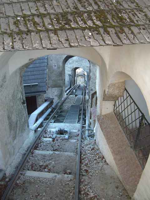 Cargo funicular leading up from the road. Cargo funicular leading up from the road.