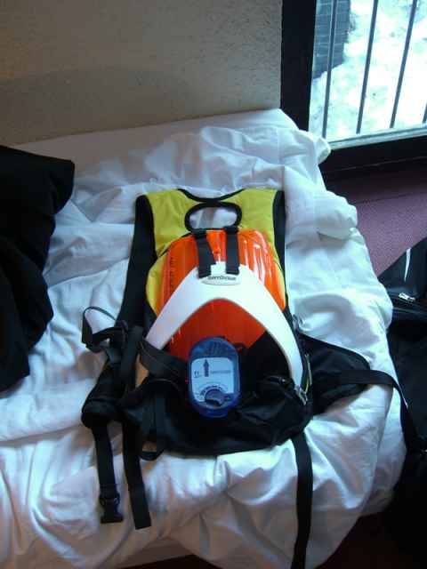 This is what the transciever / off-piste equipment looks like. It is a backpack with a shovel, an avalanche probe (a 4m collapsible stick) and the transciever itself. The transciever is worn under your ski clothes. This is what the transciever / off-piste equipment looks like. It is a backpack with a shovel, an avalanche probe (a 4m collapsible stick) and the transciever itself. The transciever is worn under your ski clothes.