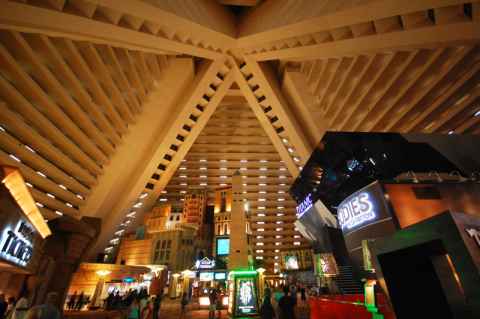 The pyramid, seen from the inside. The walls contain the hotel suites, and the edges of the pyramid house the elevators. The casino and everything else is in the hollow space inside the pyramid.