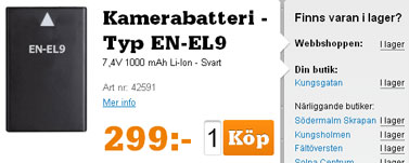 Nikon D40 Battery, $44 (299 SEK), available in every store.