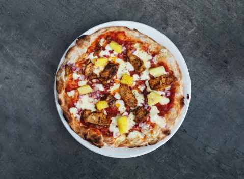 Chicken Pineapple: Tomato, mozzarella, pineapple, (marinated and spiced grilled chicken fillet, and red onion.